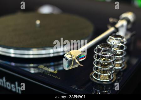 Saigon, Vietnam - Sep 29, 2019. Turntable vinyl record player for sale at the audio shop in downtown of Saigon, Vietnam. Stock Photo