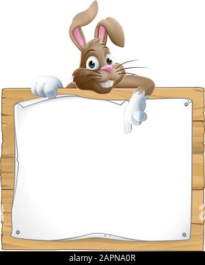 Easter Bunny Rabbit Peeking Over Sign Pointing Stock Vector