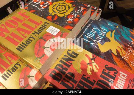 Closeup of colourful Wolf Hall and Bring Up The Bodies book covers by Hilary Mantel Stock Photo