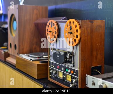 Saigon, Vietnam - Sep 29, 2019. Turntable vinyl record player for sale at the audio shop in downtown of Saigon, Vietnam. Stock Photo