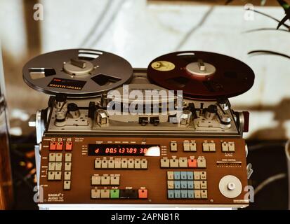 Saigon, Vietnam - Sep 29, 2019. Turntable vinyl record player for sale at the audio shop in downtown of Saigon, Vietnam. Stock Photo