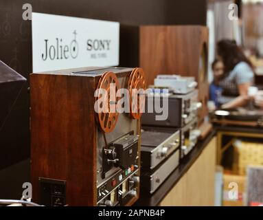 Saigon, Vietnam - Sep 29, 2019. Turntable vinyl record player for sale at the audio shop in downtown of Saigon, Vietnam. Stock Photo