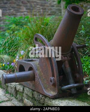 Old vintage rusted small mortar canon with greenery in background Stock Photo