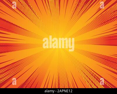 Comic pop art background speed lines halftone dots. Vector illustration on red background. Stock Vector