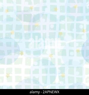 Seamless pattern with funny subtle transparent balls and yellow stars on blue background. Vector Illustration Stock Vector