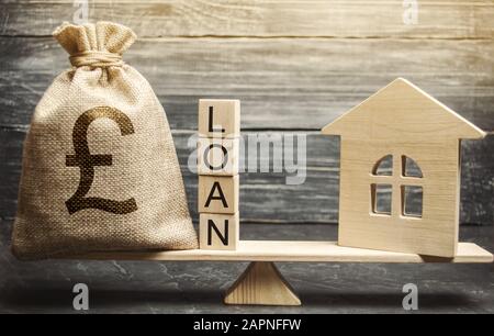 Miniature house and money bag with the word Loan on the scales. The concept of mortgage housing and real estate loans. Buy an apartment on credit. Lea Stock Photo