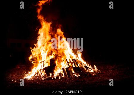 Large bonfire in the night. Fire flames on black background. Stock Photo