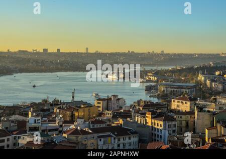 Panorama of Istanbul, Turkey in sunset time with Bosphore Stock Photo