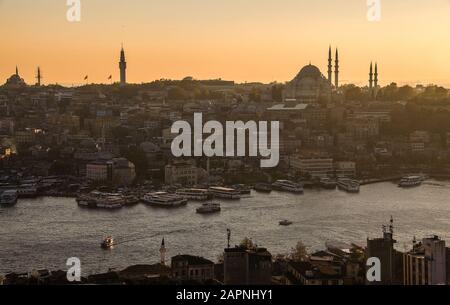 Istanbul Sunset Panorama of Galata bridge Stock Photo