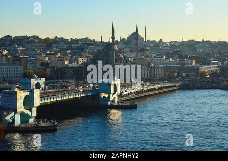 Istanbul Sunset Panorama of Galata bridge Stock Photo