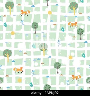 Seamless Pattern with orange foxes and trees on green. Vector Illustration Stock Vector