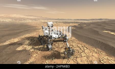 This artist's concept depicts NASA's Mars 2020 rover exploring Mars. The mission will not only seek out and study an area likely to have been habitabl Stock Photo