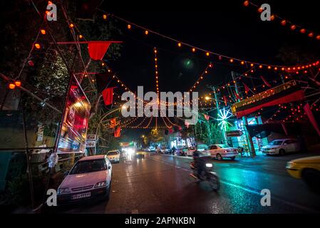 Light decorations during Muharram month over one of main street on the Old Town of Kashan city, capital of Kashan County of Iran Stock Photo