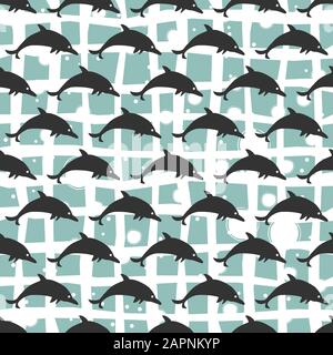 Seamless pattern with black silhouettes of dolphins. Vector Illustration Stock Vector