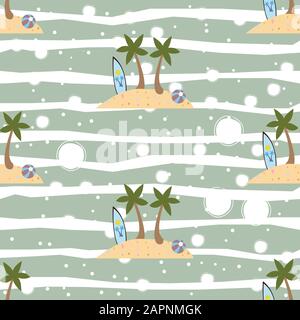 Seamless summer pattern with isolated island, surfing board, two palms and ball on white background. Repeating Summer Pattern. Vector Illustration Stock Vector