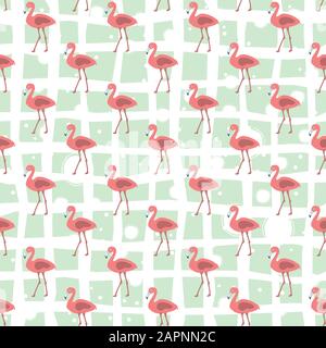 Seamless pattern with pink flamingos on background with tropical leaves ...