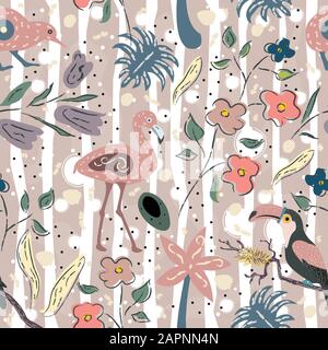 Creative Summer Pattern with exotic birds of flamingo on background with exotic plants, palm and flowers. Vector Illustration Stock Vector