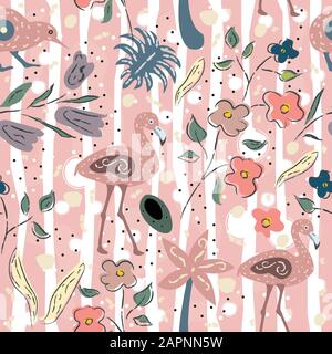 Creative Summer Pattern with exotic birds of flamingo on background with exotic plants, palm and flowers. Vector Illustration Stock Vector