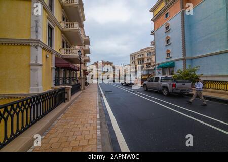 DOHA, QATAR - January 10 2020. Canal view in Venice-like Qanat Quartier of the Pearl precinct of Doha, Qatar, with multi-color residential buildings, Stock Photo