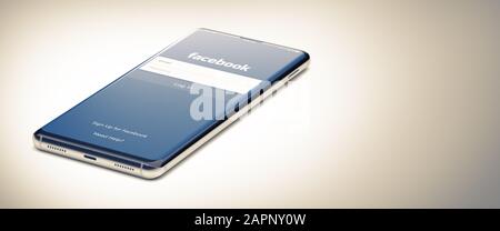 KYIV, UKRAINE-JANUARY, 2020: Facebook on Cellphone Screen. Close-up Image of Modern Smartphone with Facebook Website Page on White Surface. 3D Rendering. Stock Photo