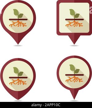 Plant with roots flat vector pin map icon. Map pointer. Map markers. Garden, eps 10 Stock Vector