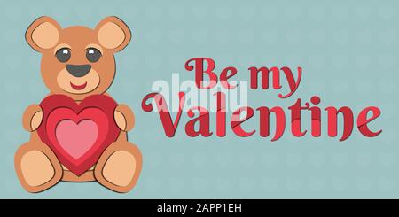 A Valentine's Day vector drawing of a cute paper cut out teddy bear holding a red heart in its paws. Includes “Be my valentine” caption (inscription). Stock Vector