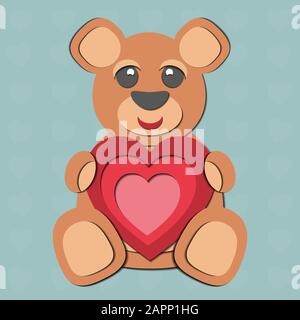 A Valentine's Day vector drawing of a cute paper cut out teddy bear holding a red heart in its paws. The animal is brown on a blue background. Stock Vector