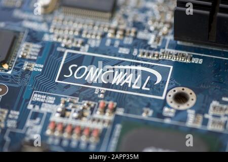 TIMISOARA, ROMANIA - MARCH 30, 2019: Close-up of motherboard with SonicWall logo Stock Photo