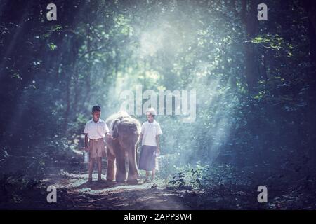 Student little Asian boy and girl, countryside in Thailand Stock Photo