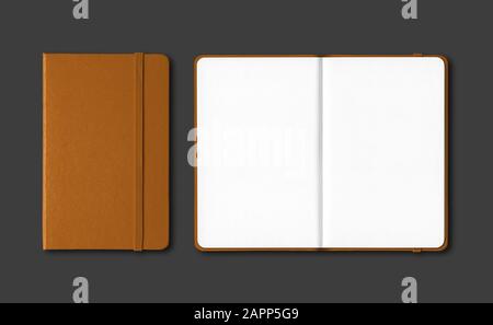 Leather closed and open notebooks mockup isolated on black Stock Photo