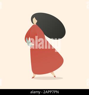Woman Reading Book Walking and Thinking, Reading Outloud, Minimal Middle Century Flat Vector Illustration about Education and Reading Leisure Hobby. Stock Vector
