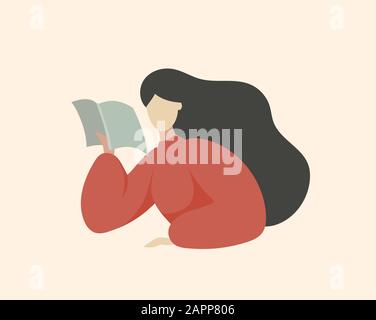 Woman Reading Book and Thinking, Sitting at Table, Reading Outloud, Minimal Middle Century Flat Vector Illustration Portrait about Education and Leisu Stock Vector