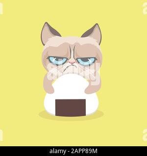 Cute grumpy cat with onigiri. Stock Vector