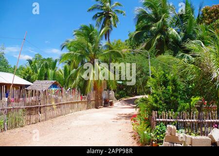 A tiny village on a beautiful island in the Philippines. Several wooden cottages (houses), surrounded with short wooden fences and many palm trees. Stock Photo