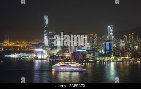 Hong Kong night landscape. Aerial view of Hong Kong, China at 25 April 2014. Stock Photo