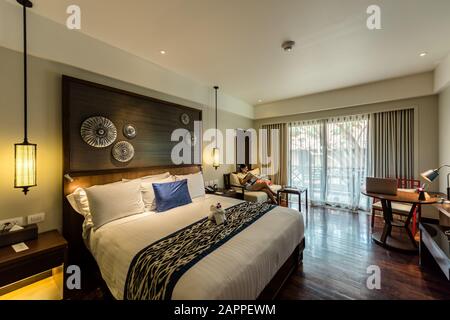 Architecture, beautiful apartment furnished, comfortable bedroom Stock Photo