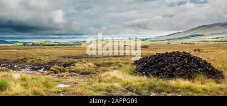 A stack of dried sods of peat or turf in August, awaiting collection for use as fuel having been cut and dried on a bog in County Mayo, Ireland Stock Photo