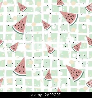 Seamless Pattern with watermelons on teal background. Vector Illustration Stock Vector
