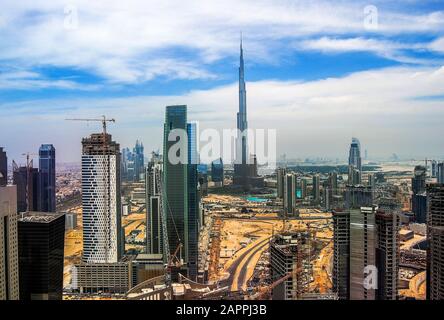 Dubai skyline with beautiful city close to it's busiest highway on traffic Stock Photo