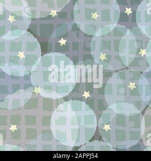 Seamless pattern with funny subtle transparent balls and yellow stars on blue background. Vector Illustration Stock Vector