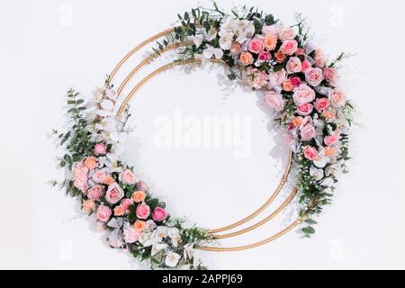 White Beautiful Floral Pattern Wedding Backdrop Background. Wedding Ceremony, Marriage, Celebration, Reception, Special Occasion Event, Venue, Wedding Stock Photo