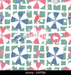 Summer Seamless Pattern. Beach with umbrellas and other summer elements. Vector Illustration. Stock Vector