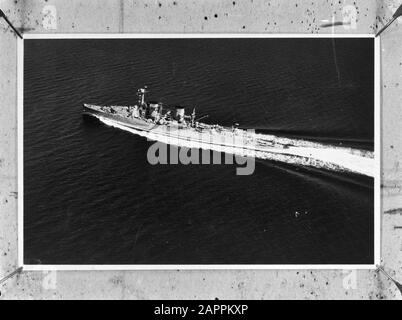 Aerial shot. Mr. Hr. Ms. Dan. Sumatra Date: 1940-1945 Location: Indonesia, Dutch East Indies Keywords: navy, warships, World War II Stock Photo