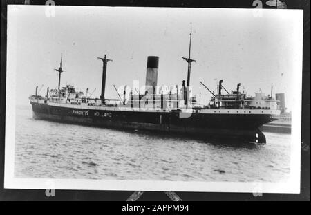 MN [Merchant Navy]/Anefo London series  Dutch merchant fleet. S.S. Phrontis Annotation: Repronegative. Built 1926 at the Caledon Shipyard, Dundee with the dimensions 136,85 x 16,66 x 8,87m, measured 6,181 GRT and 7,820 DWT. The 4,800 rhp allowed a speed of 13.5 knots. Call signs PQFR/PGSU. In 1958 sold to Djeddah and renamed and seemately renamed Ryad and the same year broken up at Hong Kong. She was owned by the Ned. Steam trip Me Ocean at Amsterdam. [source: warshipsresearch.web-log.nl/warships/2010/12/dutch-steam-ship-phrontis.html] Date: 1943 Location: Great Britain Keywords: merchant flee Stock Photo