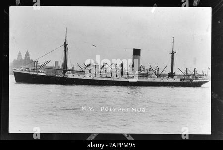MN [Merchant Navy]/Anefo London series  Dutch merchant fleet. M.S. Polyphemus Annotation: Repronegative. Built in 1930 (Greenock) for the Dutch Steamvaart Mijoceen. Captain C. Koningstein. On 27 May 1942, torpedoed and sunk off the northeast coast of the United States by a German U-boat [U-578]. See: www.uboat.net/allies/merchants/ships/1711.html Date: undated Location: Great Britain Keywords: merchant fleets, navy, ships, World War II Personal name: polyphemus Stock Photo