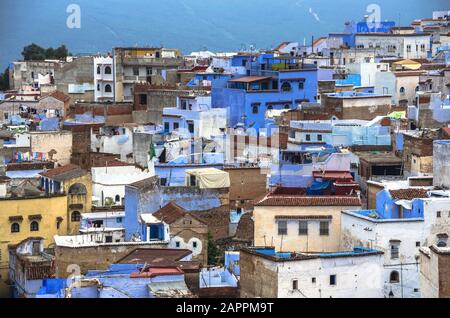 Panorama of Chefchaouen blue medina in Rif mountains, Morocco, North Africa Stock Photo