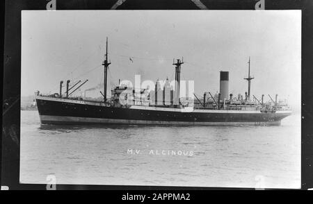 MN [Merchant Navy]/Anefo London series  Dutch merchant fleet. M.S. Alcinous Annotation: Repronegative. The ship (built in 1926) of the Dutch Steamvaart Mijoceen, was attacked on 16 August 1940 and damaged by a German U-boat [U-46]. On April 11, 1941, the ship (commanded by Captain Jacob Kool) was attacked again by a U-boat [U-124] but managed to escape. Source: www.uboat.net/allies/merchants/ships/465.html Date: undated Location: Great Britain Keywords: merchant fleets, navy, ships, World War II Personal name: alcinous Stock Photo