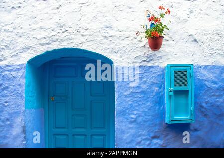 Traditional blue berber houses in Chefchaouen, Morocco. Chefchaouen is a city in northwest Morocco. Chefchaouen is noted for its buildings in shades o Stock Photo