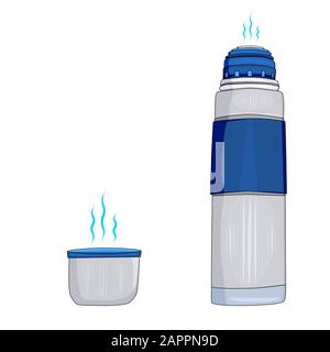 Blue thermos flask with a cup isolated on white background. Large thermos for hiking and travel. Portable eco friendly product. Vector illustration. Stock Vector