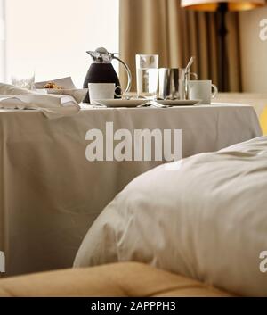 Breakfast served in hotel room Stock Photo